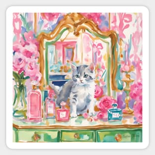 Kitten and vanity mirror, whimsical art print Sticker